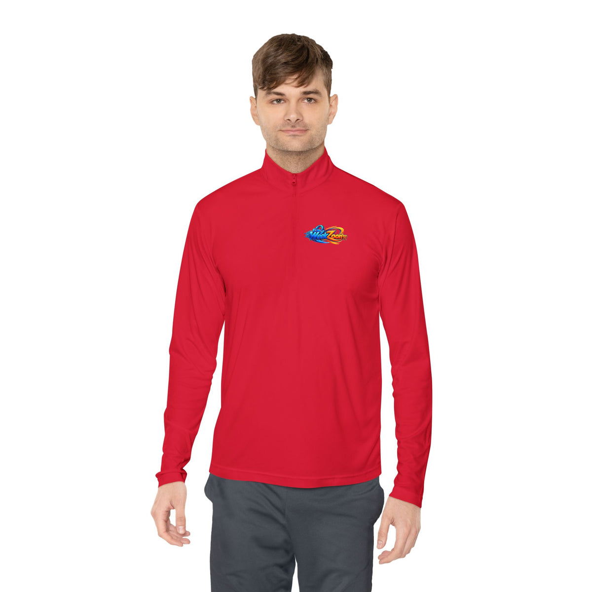 Quarter-Zip Pullover — Retro Pixel Surfing Pizza Chest Embroidered