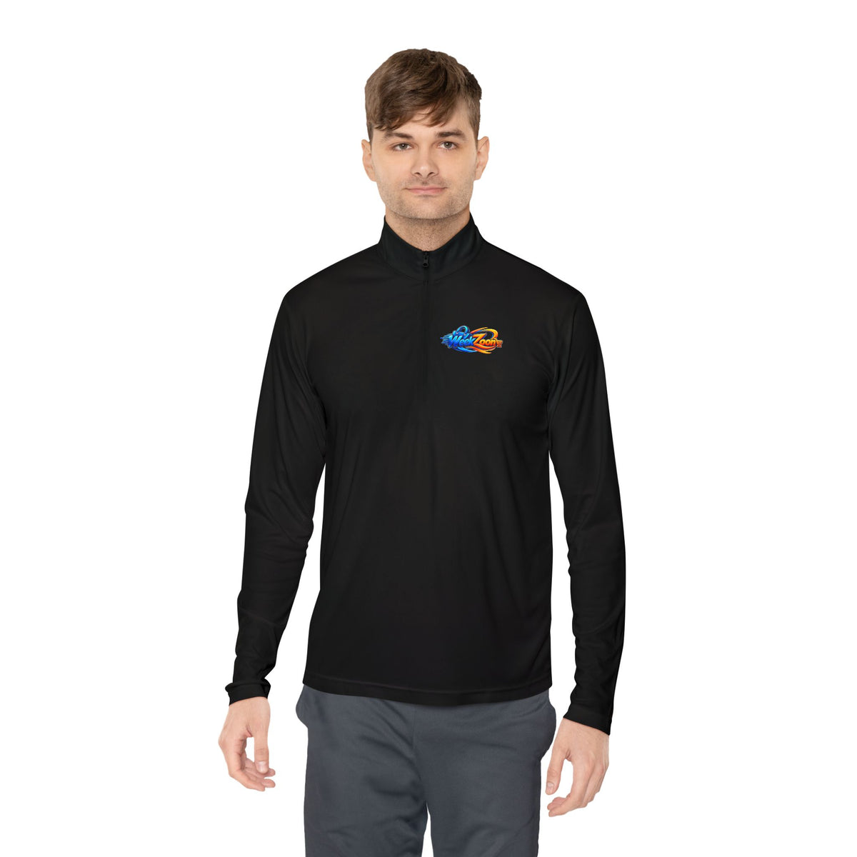 Quarter-Zip Pullover — Retro Pixel Surfing Pizza Chest Embroidered