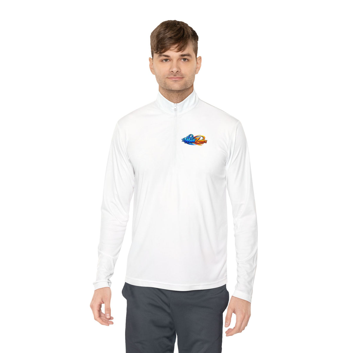 Quarter-Zip Pullover — Retro Pixel Surfing Pizza Chest Embroidered